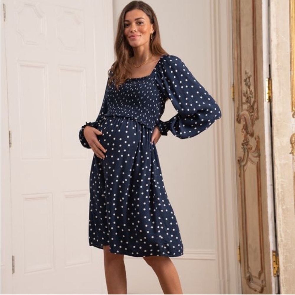 Seraphine blue and white polkadot maternity dress